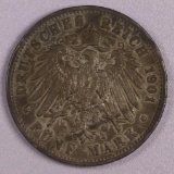 1901-A GERMAN STATES PRUSSIA 5 MARK SILVER COIN .8037 ASW