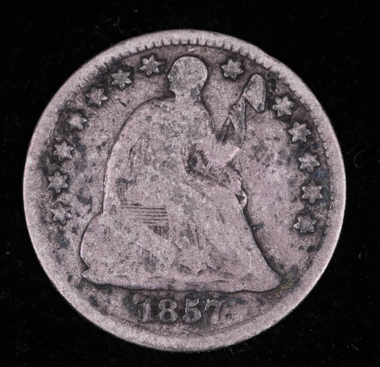 1857 LIBERTY SEATED SILVER HALF DIME COIN