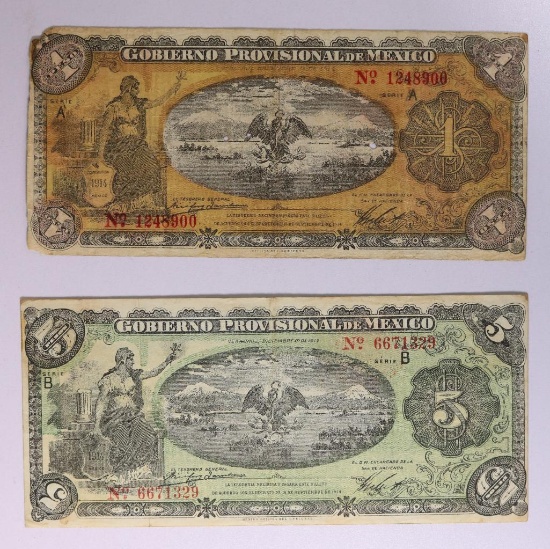 1914 GOBIERNO PROVISIONAL DE MEXICO LOT OF 2 BANKNOTES, 1 & 5 PESO CIRCULATED NOTES