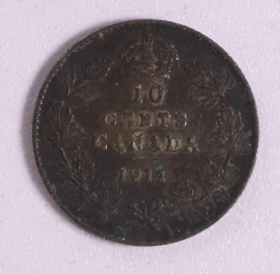 1911 CANADA 10 CENTS SILVER COIN .0691 ASW