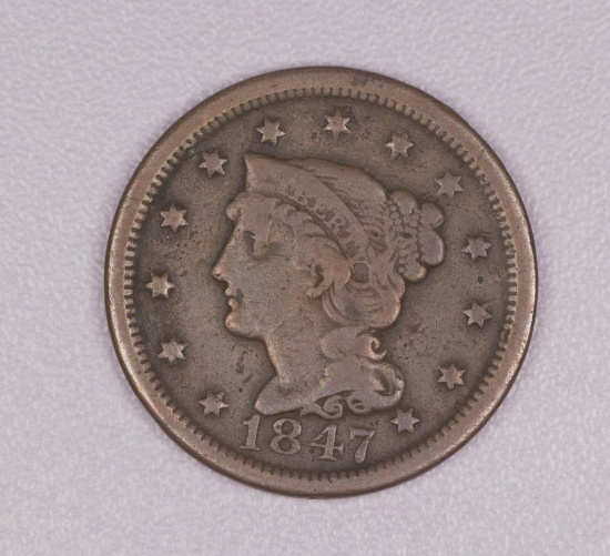 1847 LARGE BRAIDED HAIR CENT PENNY US COIN