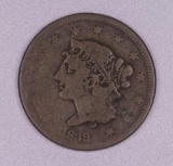 1839 BRAIDED HAIR US LARGE CENT COIN **BOOBY HEAD**