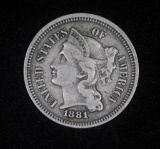 1881 THREE CENT NICKEL US TYPE COIN
