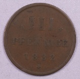 1832 GERMAN STATES MECKLENBURG-STRELITZ 3 PFENNIG COPPER COIN