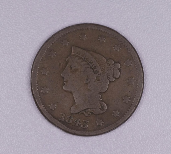 1843 BRAIDED HAIR LARGE US CENT COIN **PETITE HEAD**