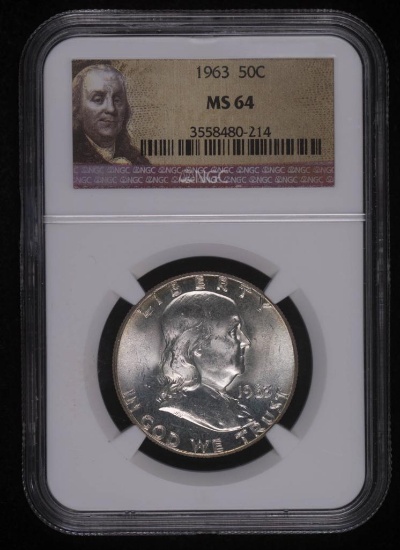 1963 FRANKLIN SILVER HALF DOLLAR COIN NGC MS64