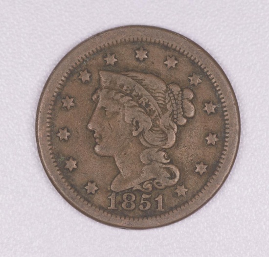 1851 BRAIDED HAIR LARGE COPPER US CENT TYPE COIN