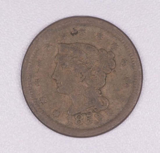 1853 BRAIDED HAIR LARGE COPPER US CENT TYPE COIN