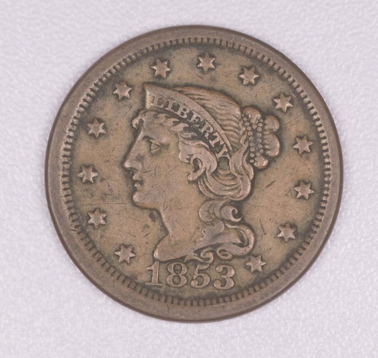 1853 BRAIDED HAIR LARGE CENT US COPPER COIN