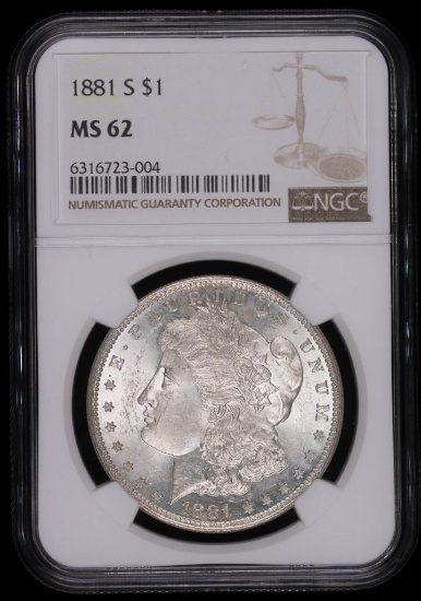 1881 S MORGAN SILVER DOLLAR COIN NGC MS62