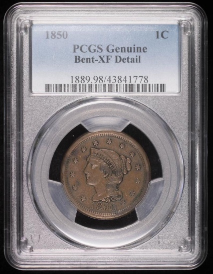 1850 BRAIDED HAIR LARGE CENT US COPPER COIN PCGS XF DETAIL