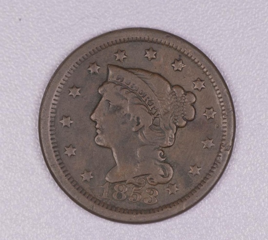 1853 BRAIDED HAIR US LARGE CENT COPPER COIN