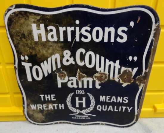 Harrisons’ Town & Country Paint Porcelain Flange Sign 18” H