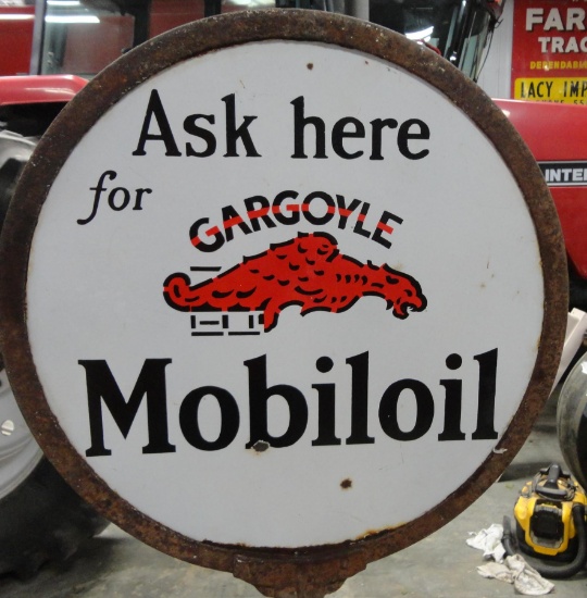 Mobiloil Gargoyle Porcelain Sign 12” Rd. on Cast Stand