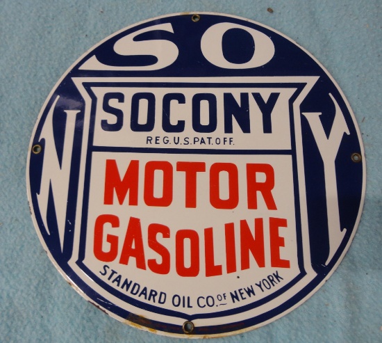 Socony Motor Gasoline Porcelain Sign 11” Rd.