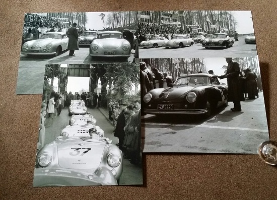 Four black and white images of 356 racing in 1952