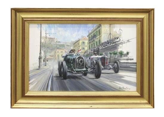 Grover-Williams in his Bugatti an original by Alan Fearnley