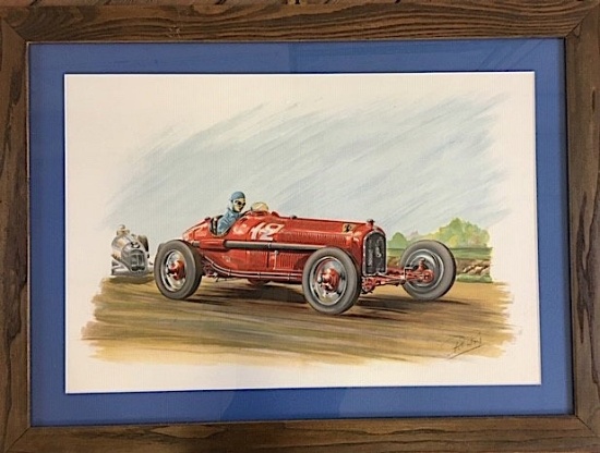 Alfa Romeo P3 painting and pen and ink sketch of Charles Martin