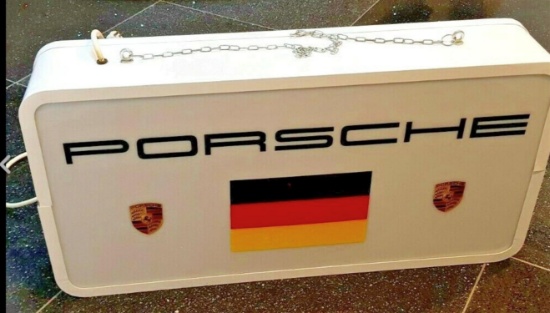 A Very Rare and Original Eighties Porsche Dealership Illuminated Hanging Aluminium Box Sign