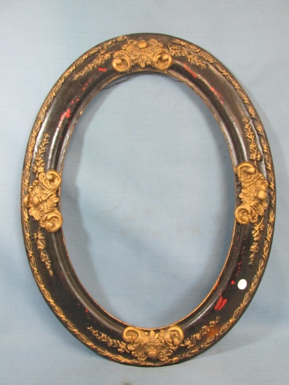 Vintage Oval Picture Frame W/ Ornate Plaster Designs – Floral & Scrollwork – Painted Black, Red & Go