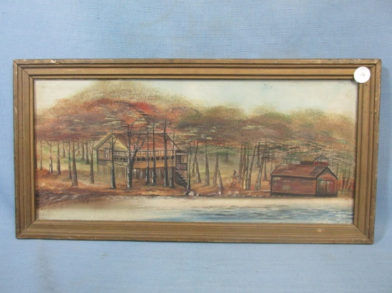 Old Framed Painting – Cottage by the River/Lake – Hand Written note on back read “This is John Norto