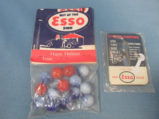 Vintage Esso Items – “Happy Holidays” Bag of 14 Marbles, Scissors Sharpener – Great vintage conditio