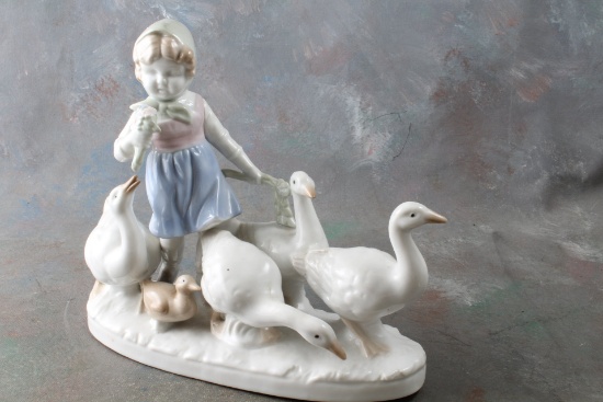 7 1/2" Young Girl with Geese Porcelain Figurine Unmarked