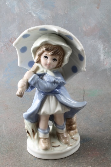 8" Young Girl with Polka Dot Umbrella Porcelain Figurine Unmarked