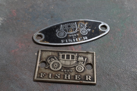 1940's BODY BY FISHER Auto Emblems Tags (2) D.L. AULD Co. Columbus Ohio
