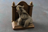 Jennings Brothers Spelter/Pot Metal Bookend with Resin Elephant Trunk Up