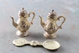 Antique Silverplate Coffee Pot Salt & Pepper Shakers & Bejewelled Spoon
