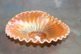 Vintage Opalescent Peach Carnival Glass Bowl Piecrust Fluted Edge Floral Design