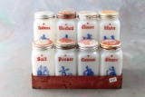 Set of (8) White Milk Glass Condiment Jars with Red Metal 2 Tier Holder