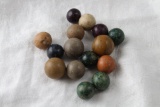 Antique Lot of 13 Clay Marbles in old Marble Bag
