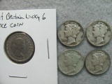 Four Mercury Dimes &  Great Britain Lucky 6 Pence coin - Merc's all 1930-9 range