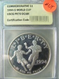 1994-S World Cup USA Commemorative Silver Coin - In Case - USCG PR70 DCAM
