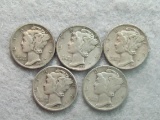Five Mercury Silver Dimes - all 1940's dates - 90% Silver