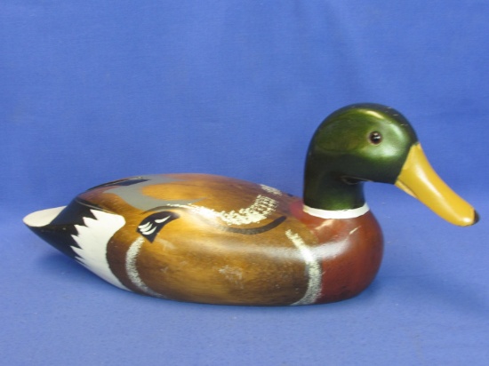 Painted Wooden Green-head Mallard Drake Decoy with inset glass eyes – Unsigned – 14” L X 6” T