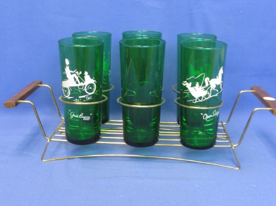 Vintage Anchor Hocking Green Glass Highball Set 4 have Designs Open Sleigh, The Hansome, Gas Buggy,