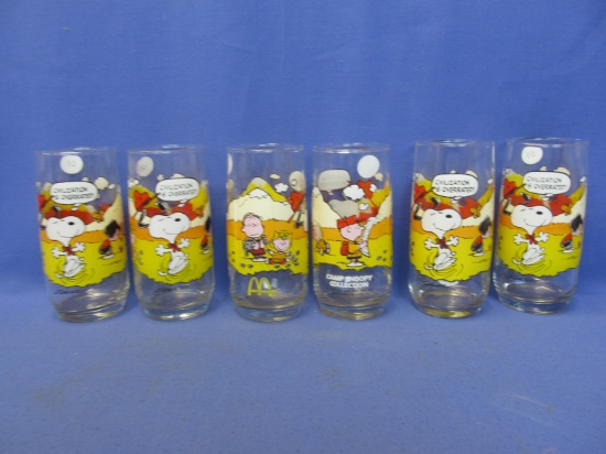 Set of 6 Camp Snoopy Collection Glasses – 1971 © – All Illustrated with “Civilization is overrated!”