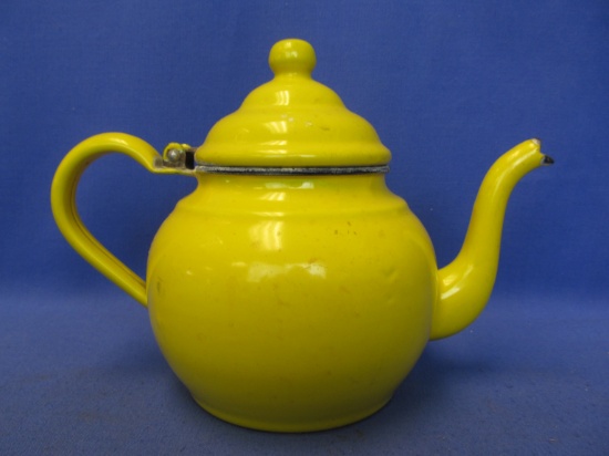 Yellow Enamel Tea Pot Appx 7” Tall and 9 1/2” Handle to end of spout -no maker's markings