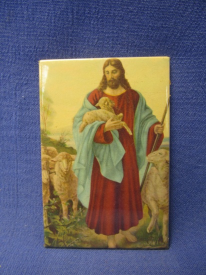 Vintage Hand Mirror – Credit Card Sized 2 1/4” x 3” Appx – Back is Jesus carrying a Lamb