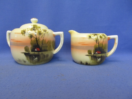 Vintage Hand-Painted Porcelain Cream & Sugar Set – Made in Japan – 3 1/4” T  creamer & 4” Tall sugar