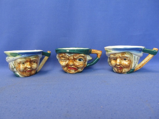 Set of 3 Face Cups – Charming 2 1/2” Deep Glazed Pottery Cups – In the style of Tobies – No markings