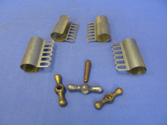 Vintage Hardware: Set of 4 Brass Plated Curtain Clips? & 4 Metal (3 Brass)  2 1/2” L shut off Handle