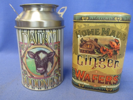 2 Decorative Tins: Homemade Ginger Wafers 5” T x3 3/4” W Made in England & Dairy Goodness 6” T