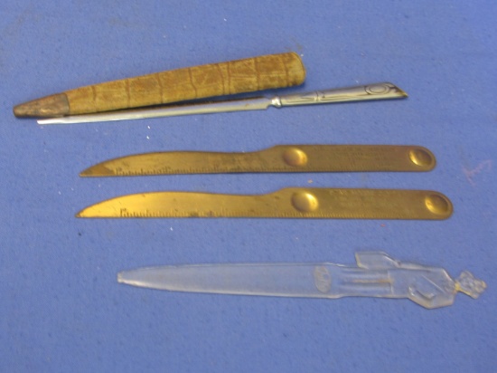 4 Vintage Letter Openers: one In Leather Sheath, 2 Brass Plated w/ Advertising & Fuller Brush Man
