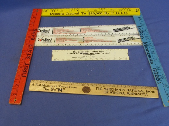 5 Rulers w/ Advertising: 12” Merchants Winona w/ Penny, Folding Yard Stick 1st State Bank Le Roy, 2