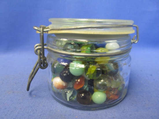 Glass  Bale Jar full of Vintage Glass Marbles  –  As in Photos 3 3/4” DIA x 3 1/4” T