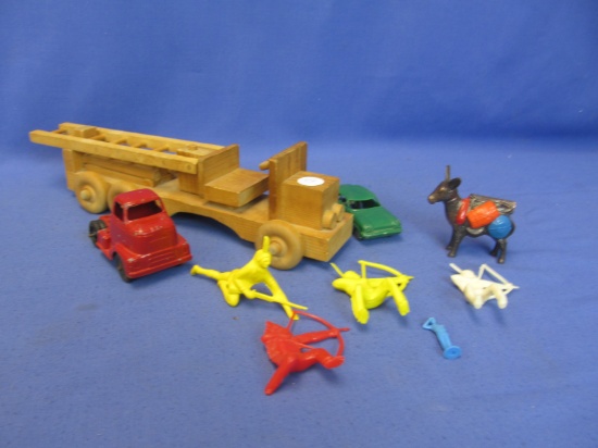 Asst. Vintage Toys: Wood 12” L Fire Truck (Ladder) Red Tootsie Toy Cab, Plastic Car & Indians, Metal